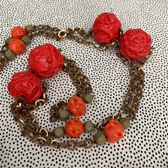 Vintage Orange bead with Gold Chain 24 “ long Necklace - Picture 2 of 7